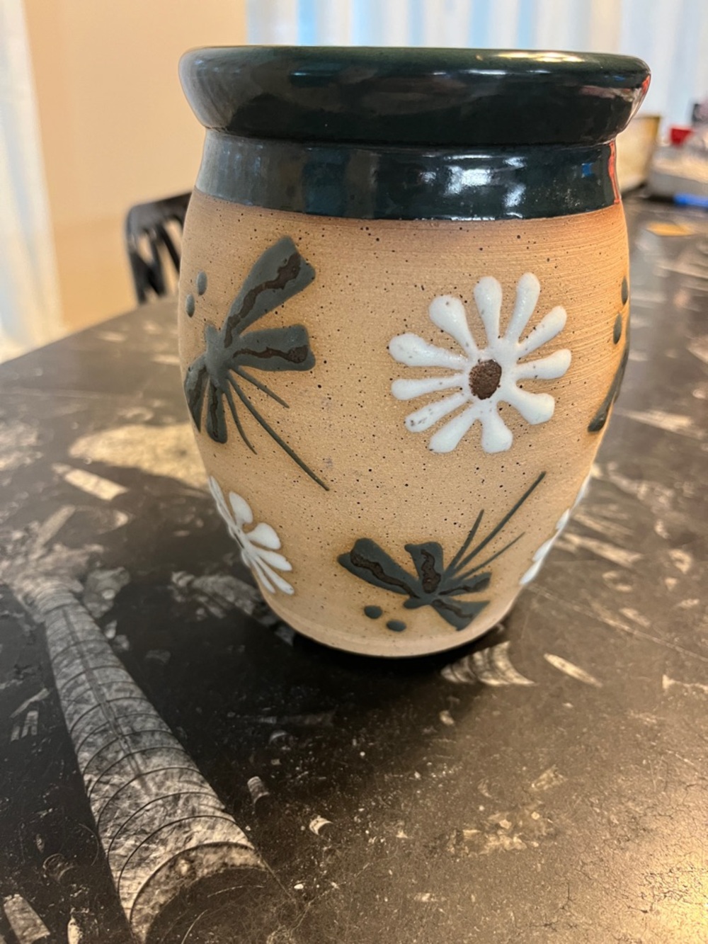 Artisan Floral Ceramic Vase with Dark Green Rim